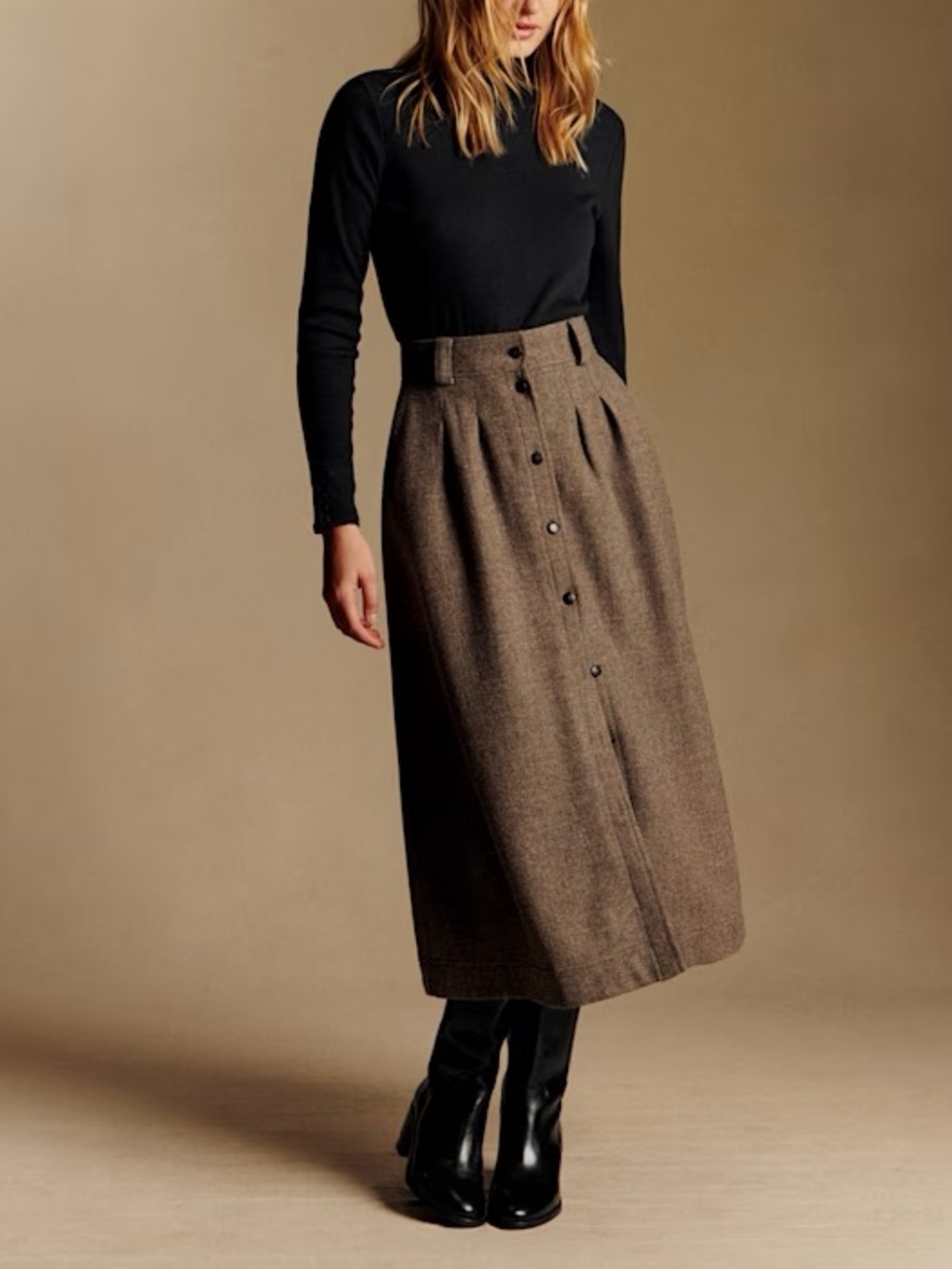 Sezane Clarine Midi Skirt in Taupe Wool